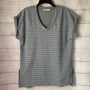 Ellison Gray and White Striped Tee Shirt Short Cuffed Sleeves V Neck Size L